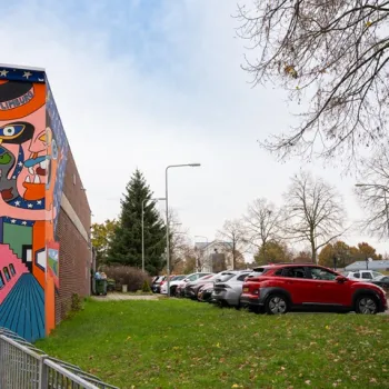 Parkeerplaats met meerdere auto's naast een gebouw met een kleurrijke muurschildering, op een grasveld omringd door bomen met herfstbladeren.